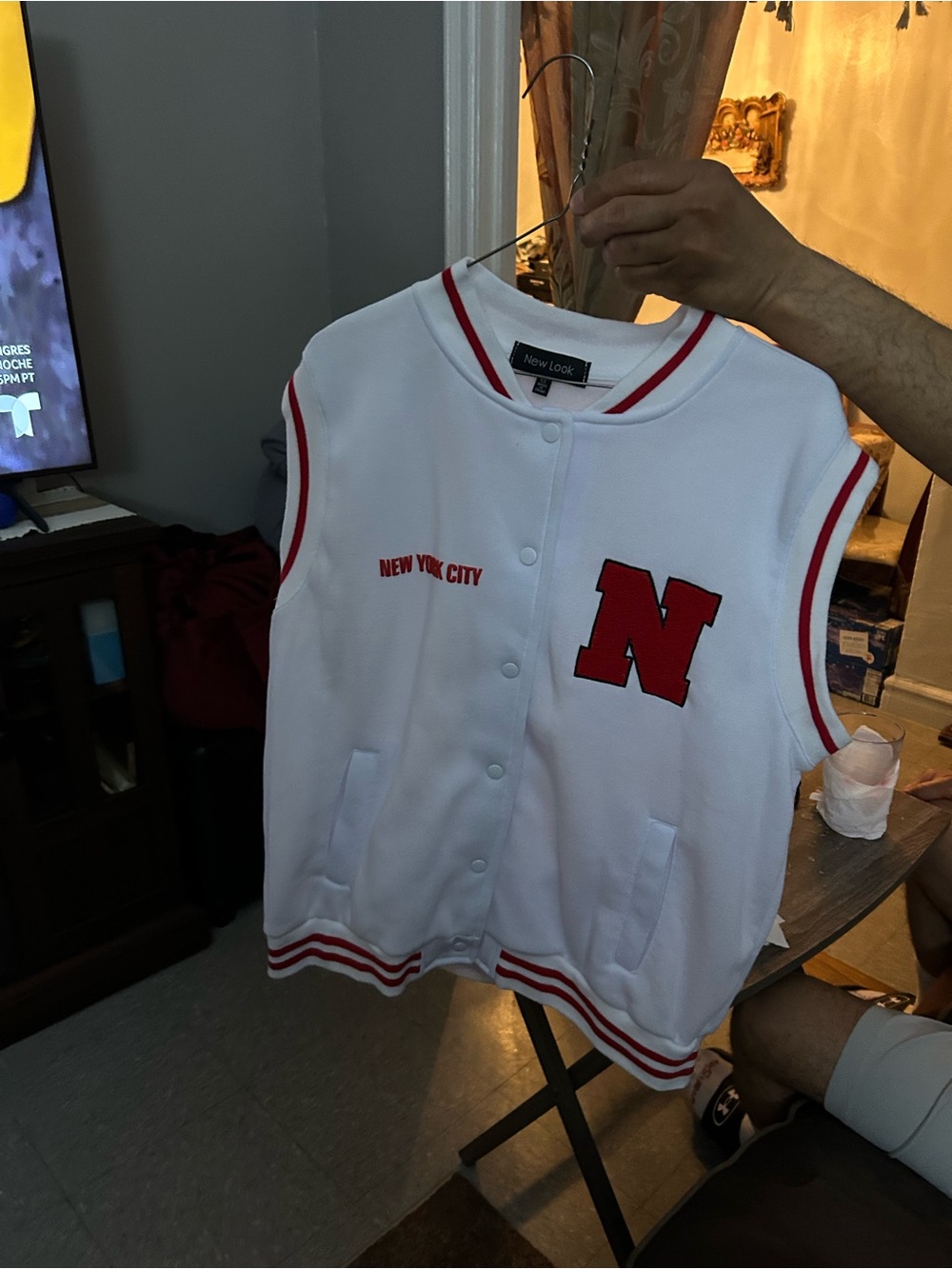 New Look White and Red Sleeveless Varsity Jacket Vest